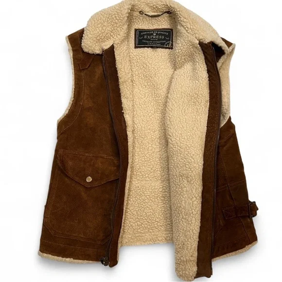 Express Brown Suede Leather Sherpa Vest Small - Picture 6 of 11